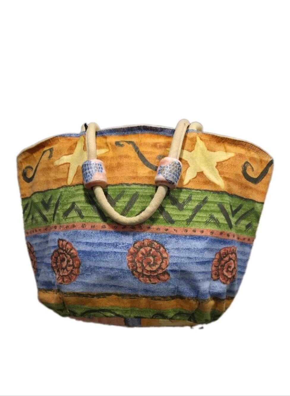 SUN N SAND WOMANS LARGE COLORFUL STARFISH & Shells BEACH TOTE 22" X 13" COTTON